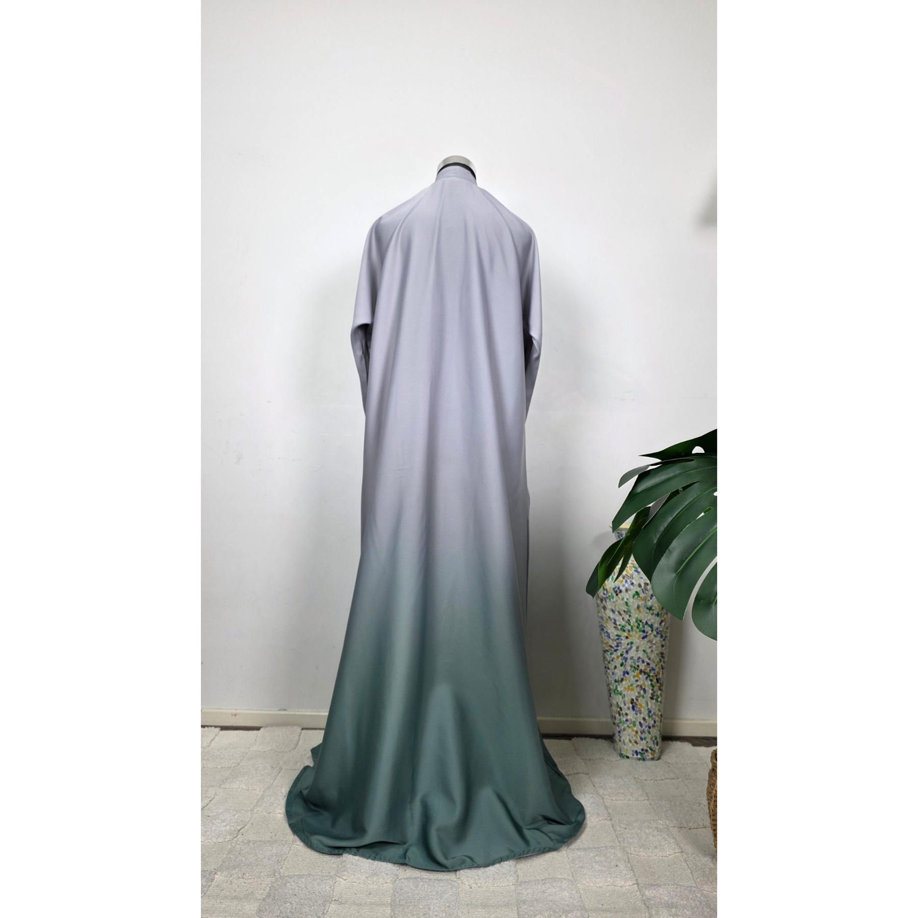 Satin Ombré Abaya – Grey to Teal Gradient