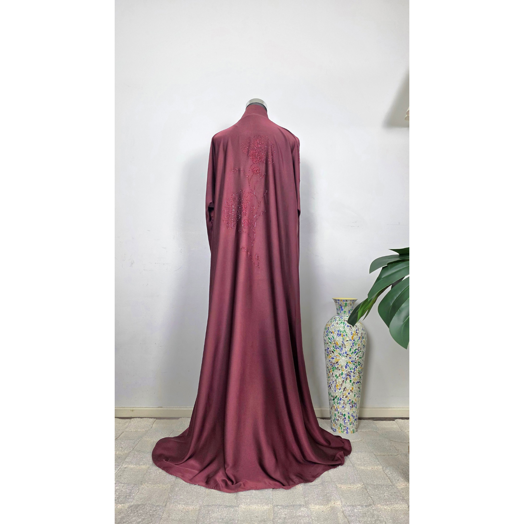Maroon Satin Abaya with DMC stone work