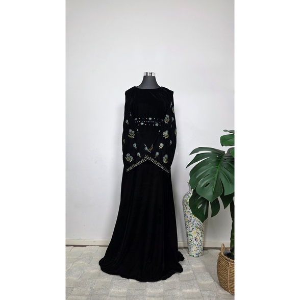 Black Velvet Embroidered Abaya with Matching Hijab