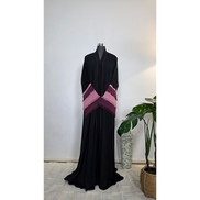 Black Abaya with Pink and Plum Fringe Sleeves