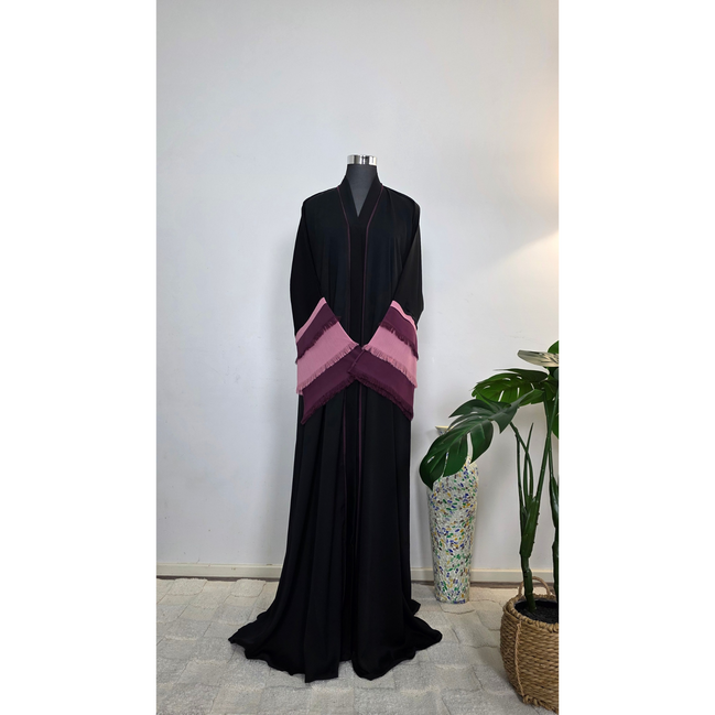 Black Abaya with Pink and Plum Fringe Sleeves