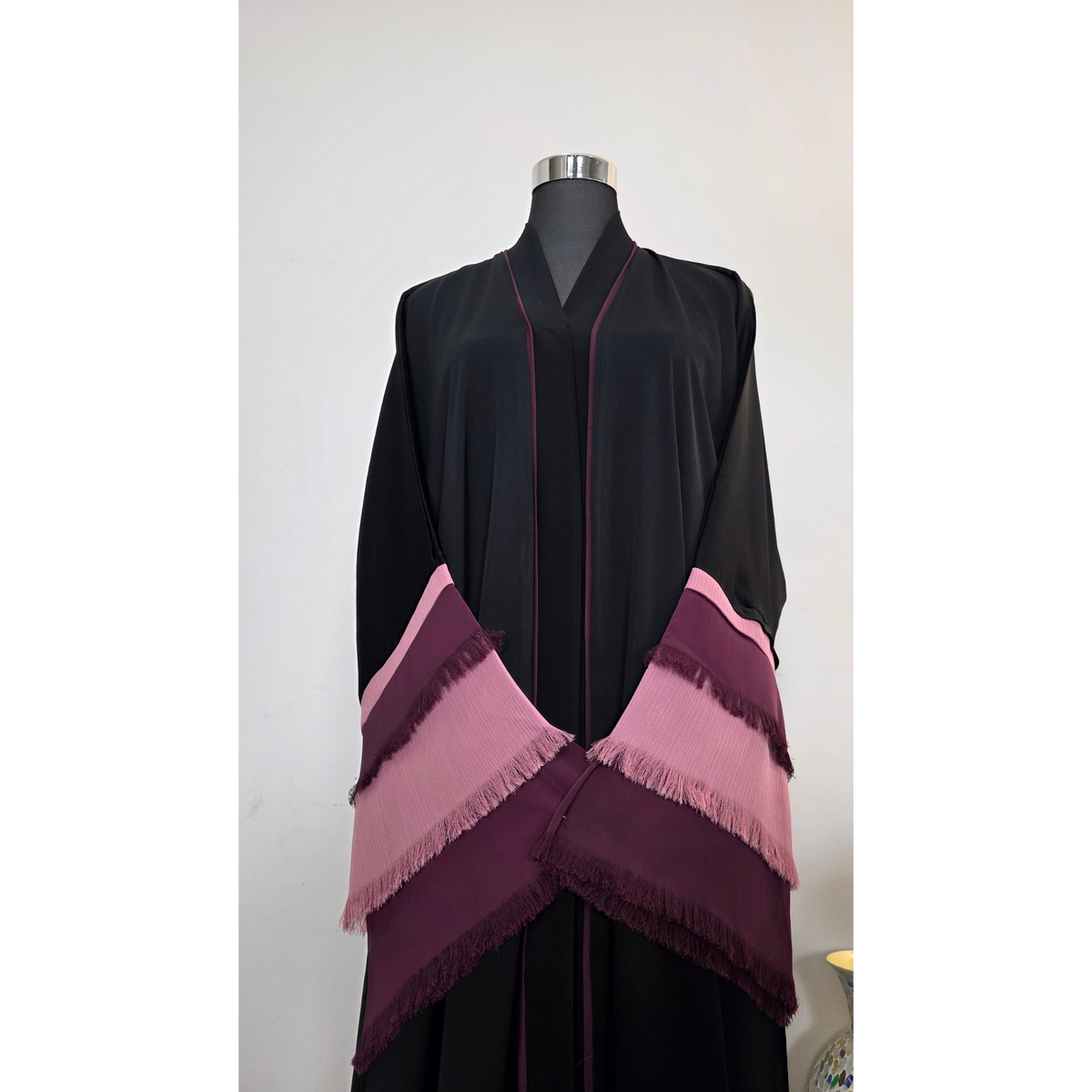 Black Abaya with Pink and Plum Fringe Sleeves