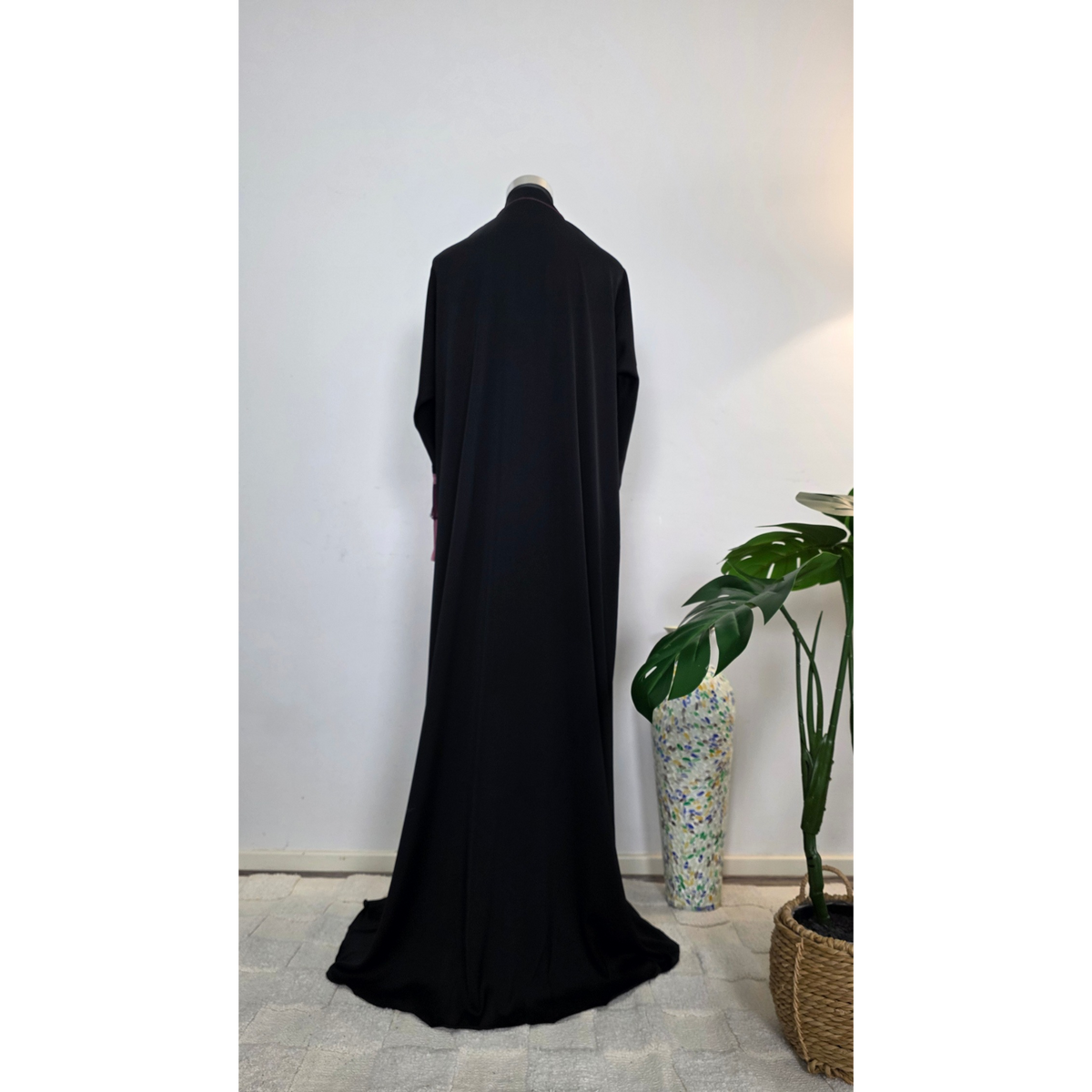 Black Abaya with Pink and Plum Fringe Sleeves