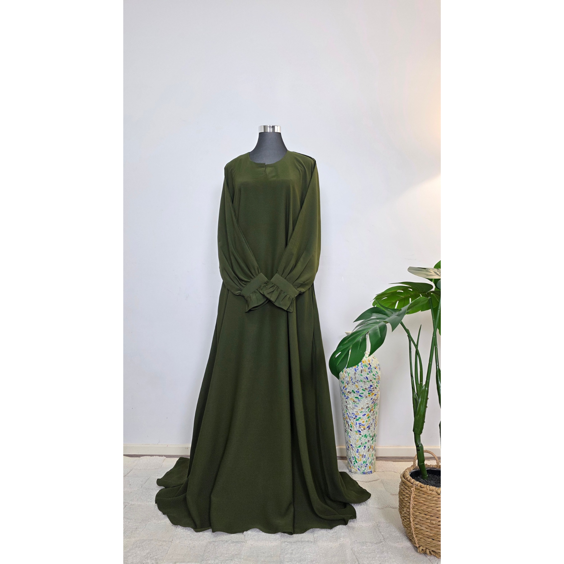 Olive Green Modest Maxi Dress with zip Pockets