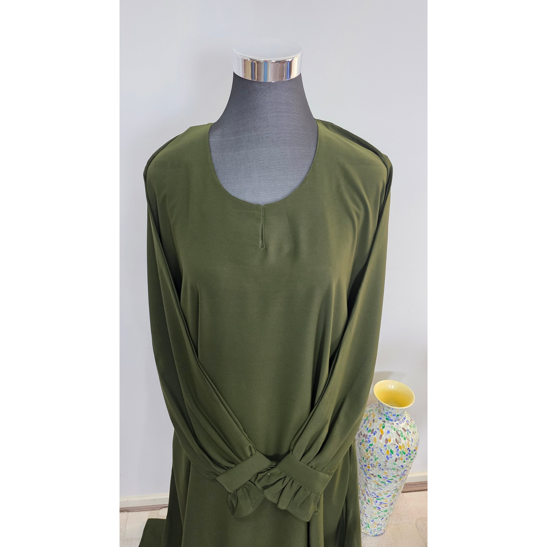 Olive Green Modest Maxi Dress with zip Pockets