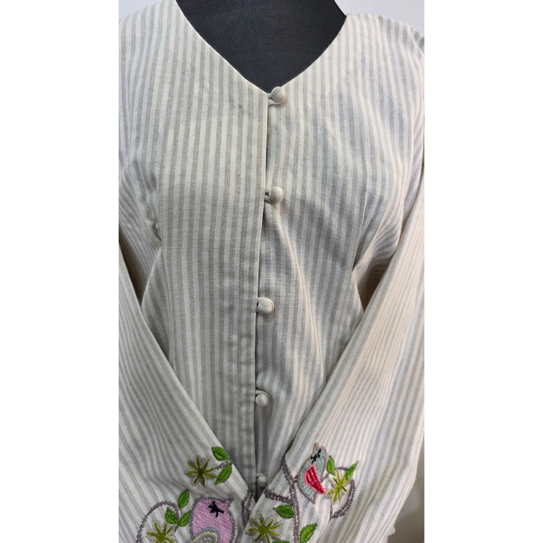 Striped Modest Shirt with Bird Embroidery