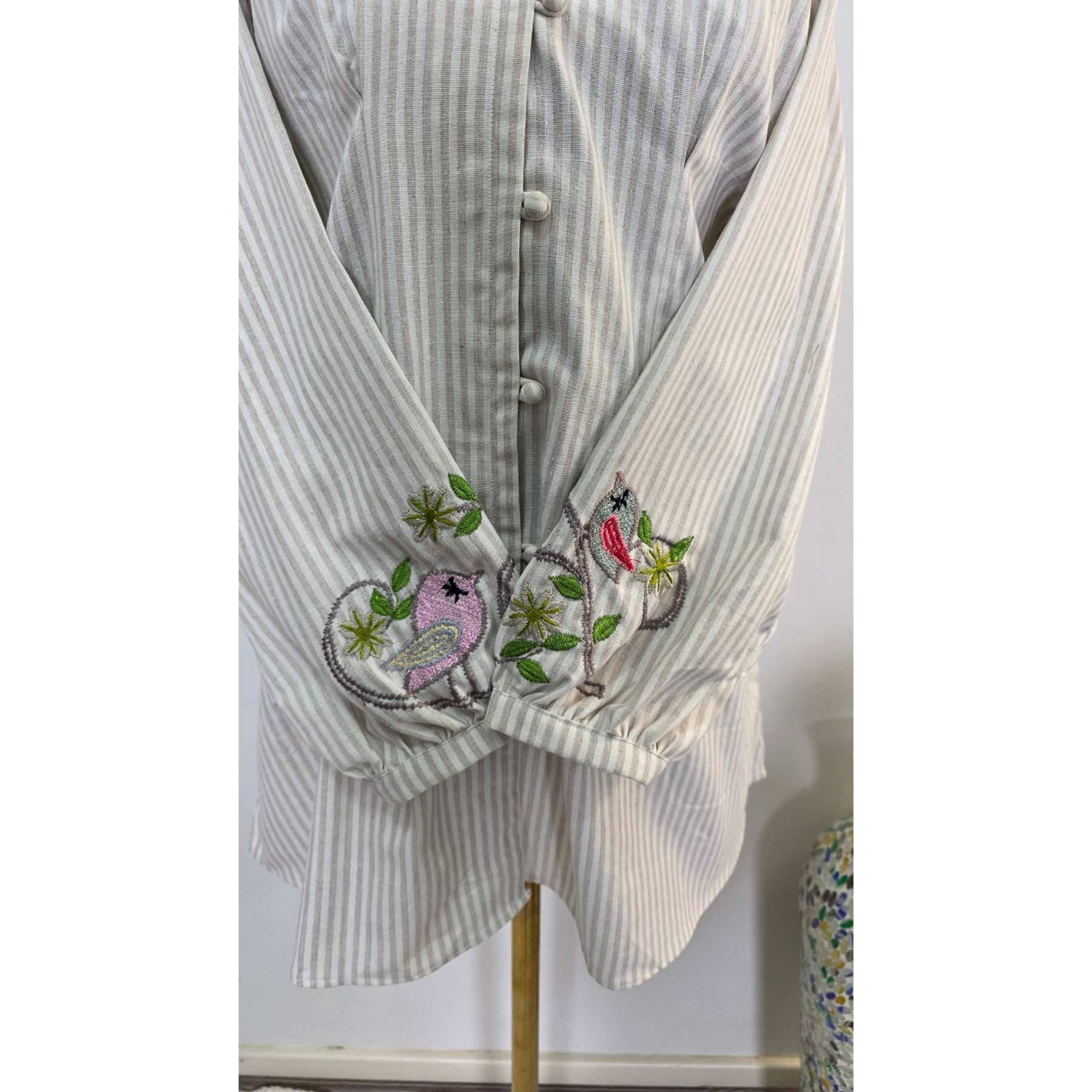 Striped Modest Shirt with Bird Embroidery
