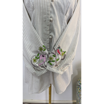 Striped Modest Shirt with Bird Embroidery