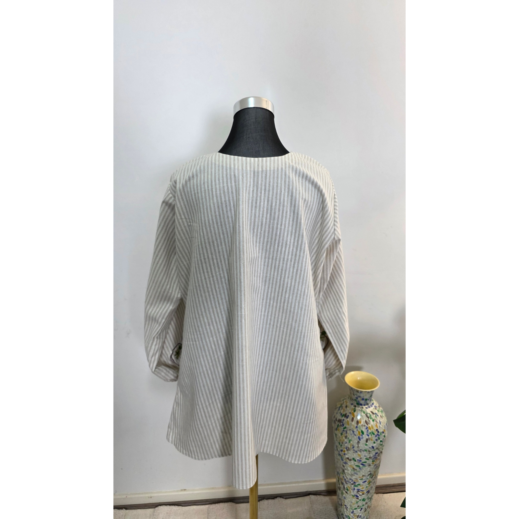 Striped Modest Shirt with Bird Embroidery