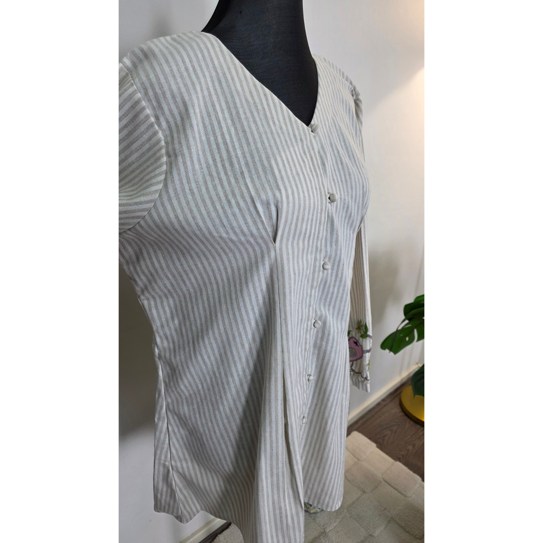 Striped Modest Shirt with Bird Embroidery