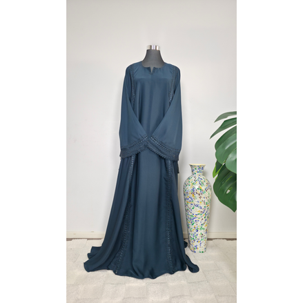 Teal Blue Embroidered Abaya with Lace and Diamantes Detail with Matching Hijab