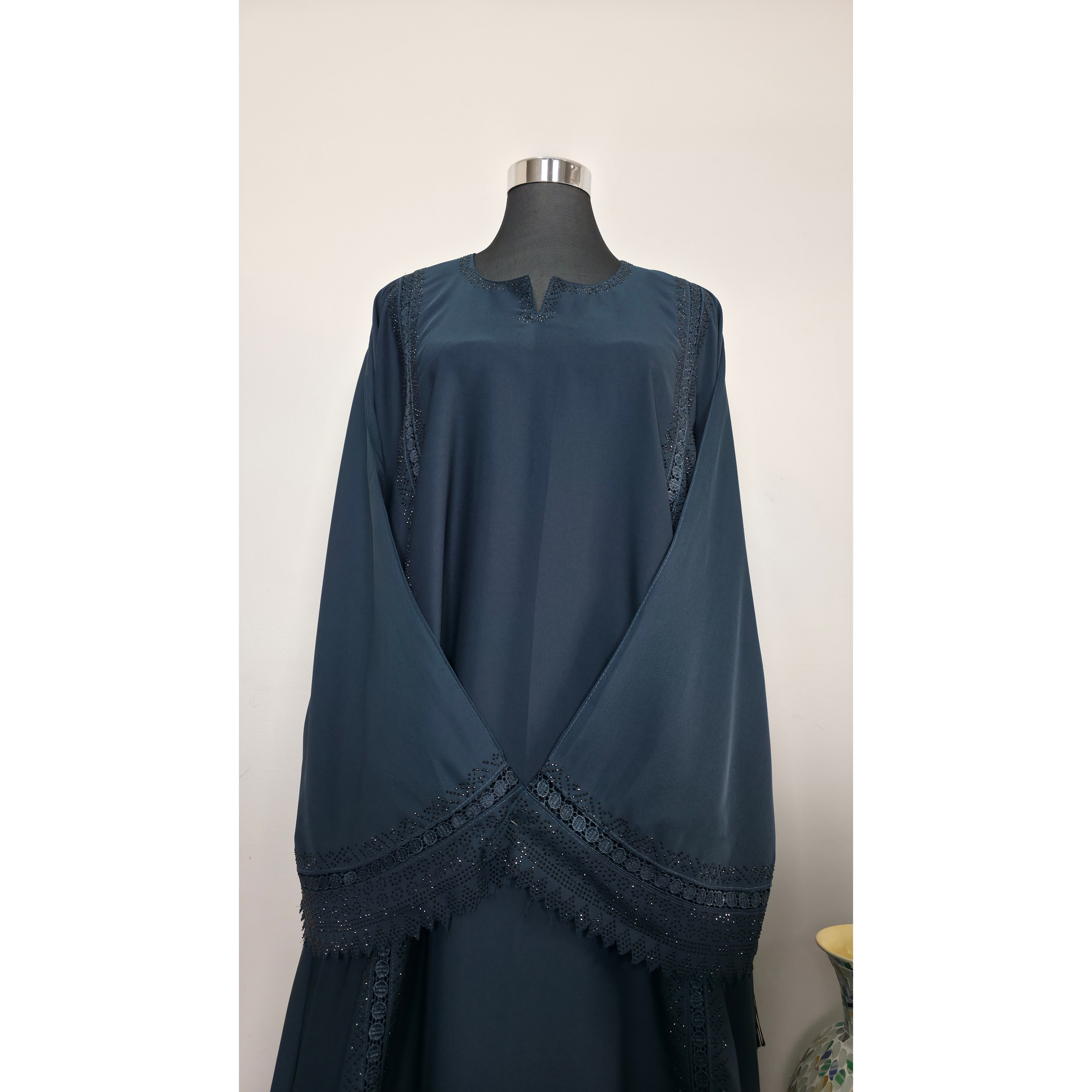 Teal Blue Embroidered Abaya with Lace and Diamantes Detail with Matching Hijab