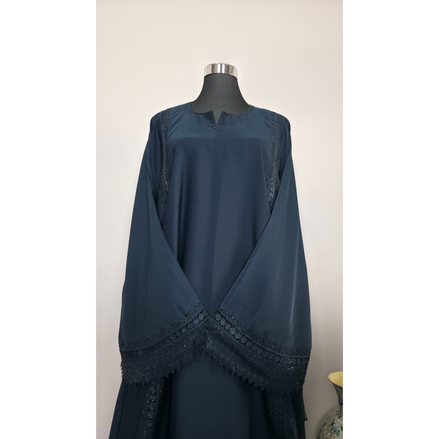 Teal Blue Embroidered Abaya with Lace and Diamantes Detail with Matching Hijab