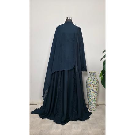 Teal Blue Embroidered Abaya with Lace and Diamantes Detail with Matching Hijab