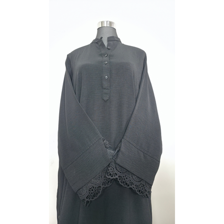 Black Shirt Abaya with Lace Sleeve Detail