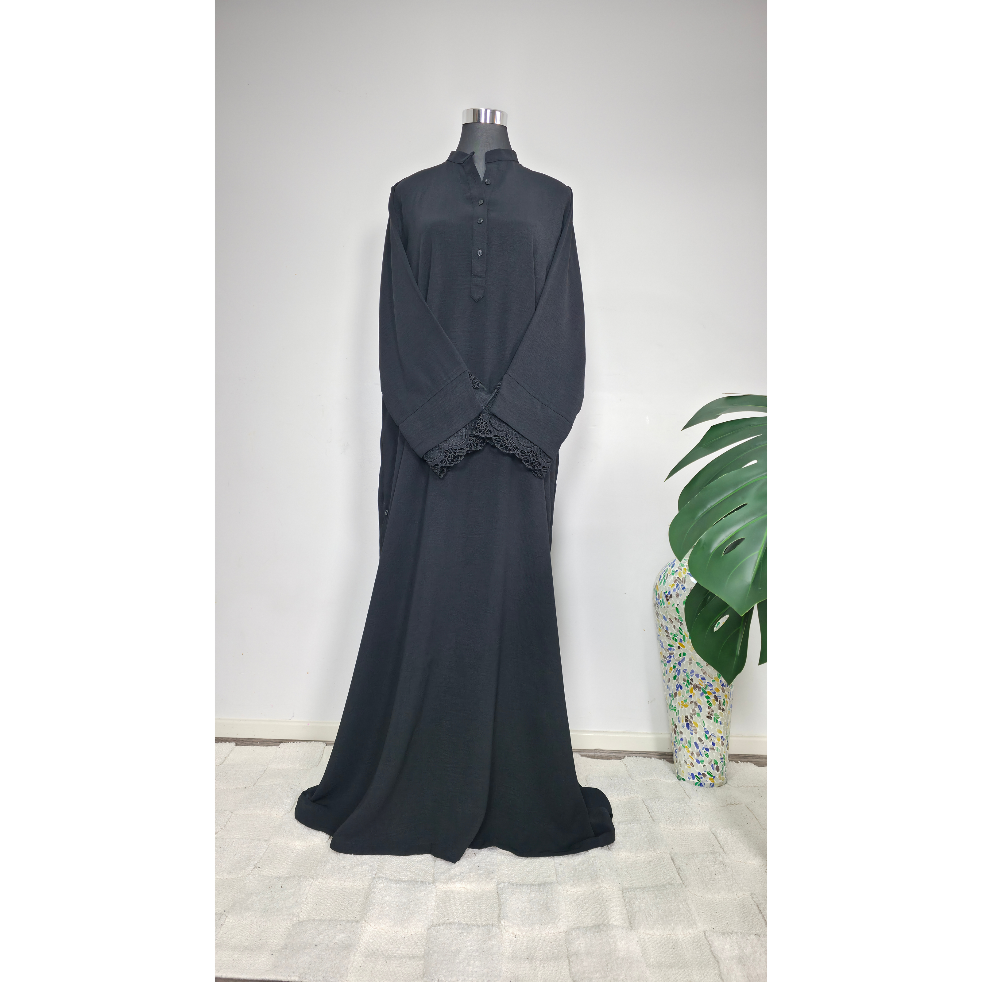 Black Shirt Abaya with Lace Sleeve Detail
