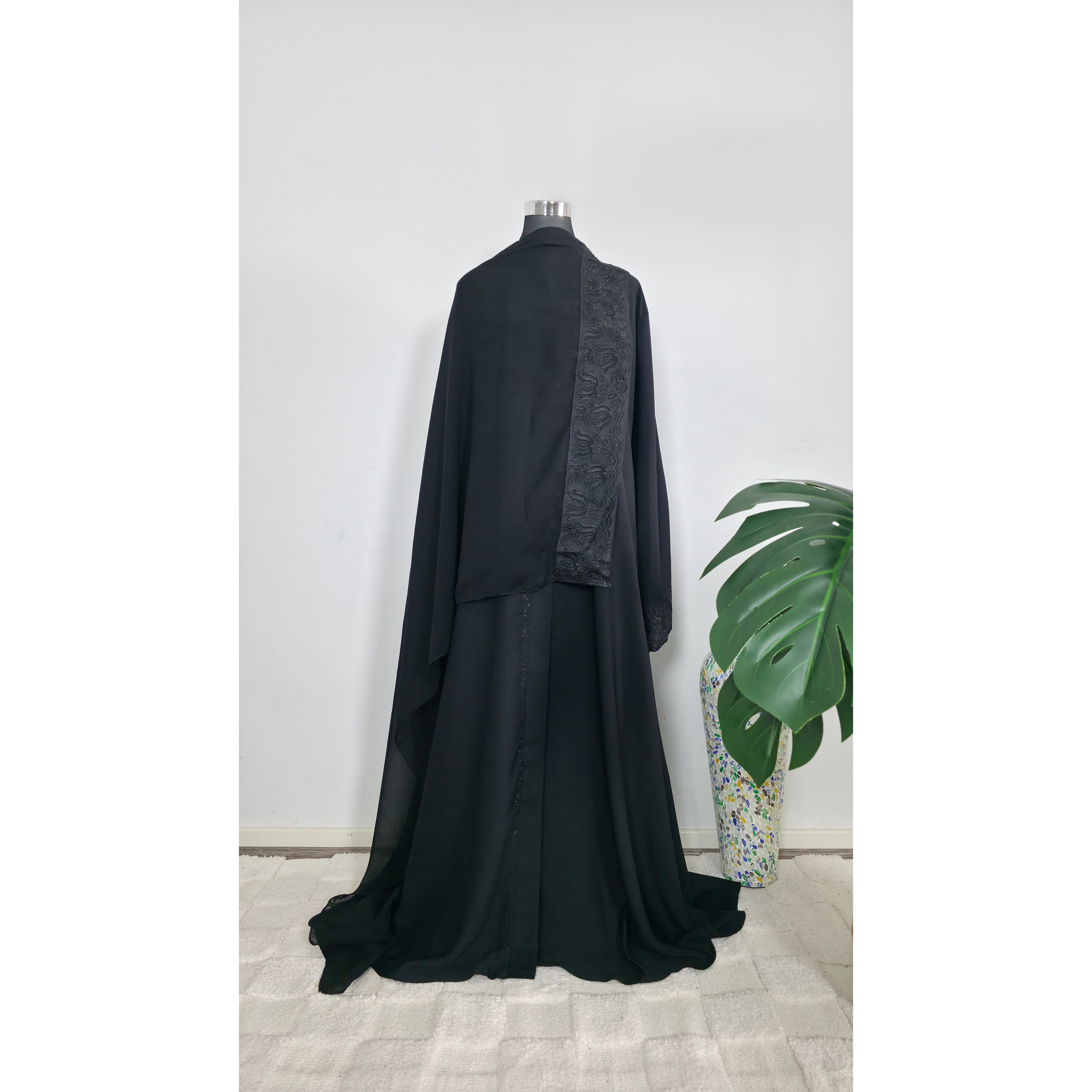 Black Embroidered Abaya with diamantes and  Matching Hijab