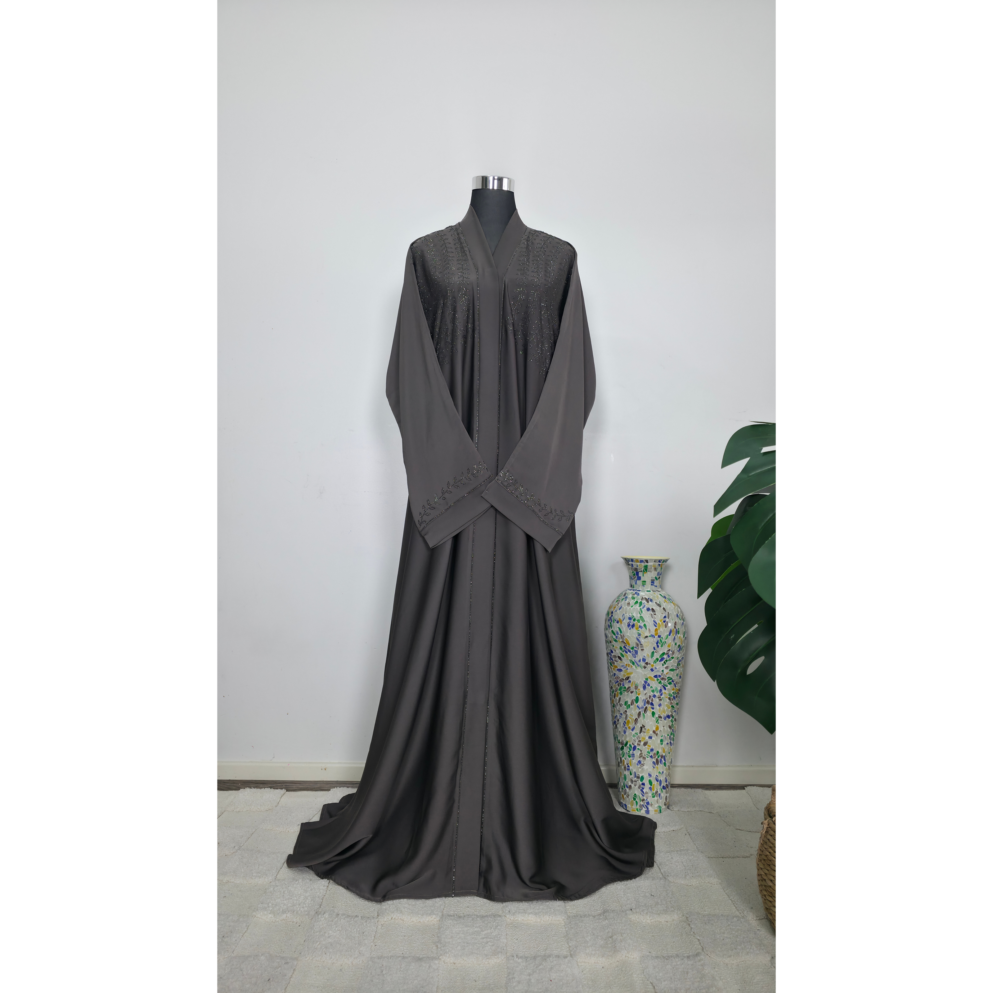 Grey Diamantes Abaya with Matching Belt