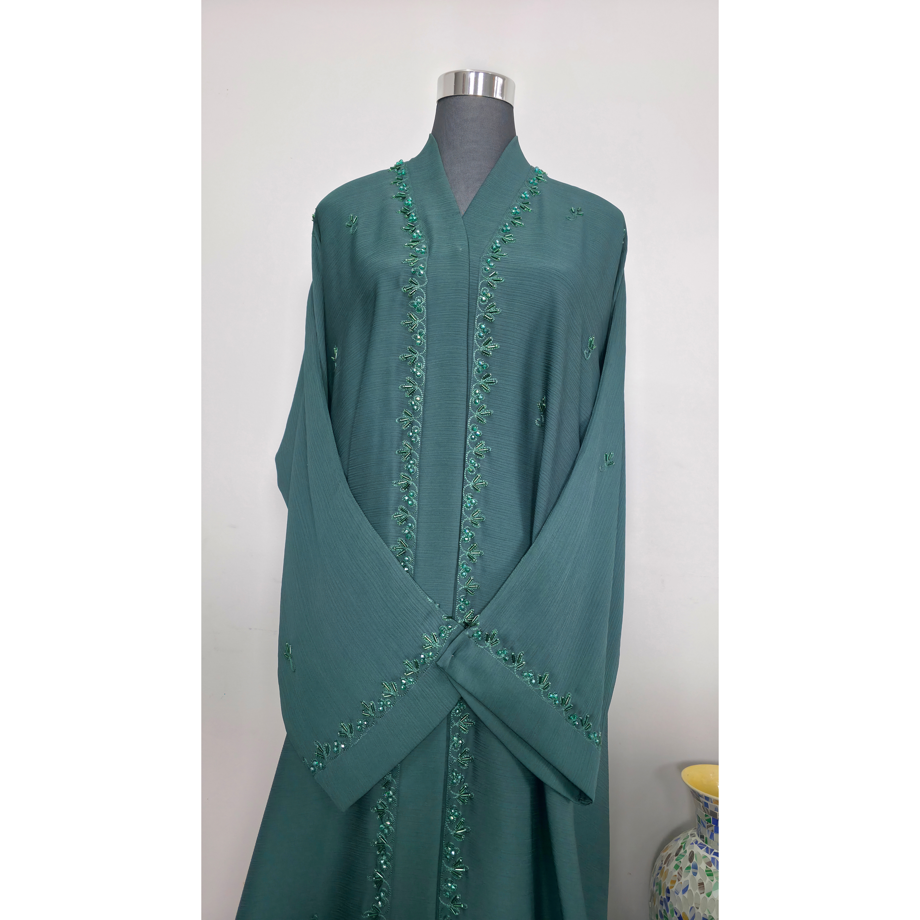Emrald Green Beaded Abaya with Embroidered Detail