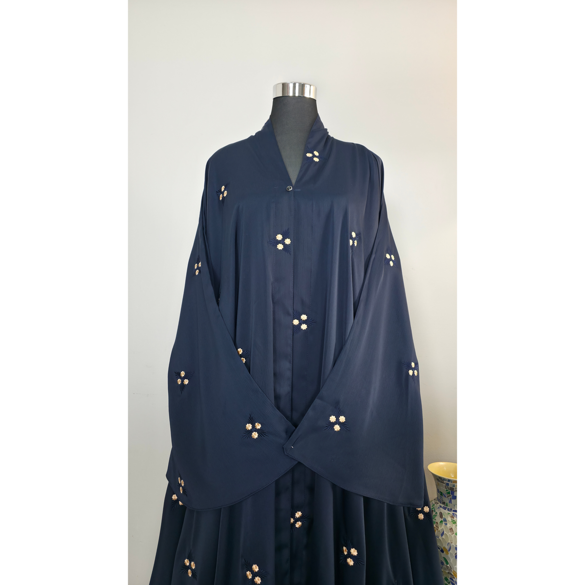 Navy Floral Embroidered Modest Abaya Dress